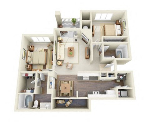 Gauguin 2 Bedroom 2 Bathroom 3D Floor Plan